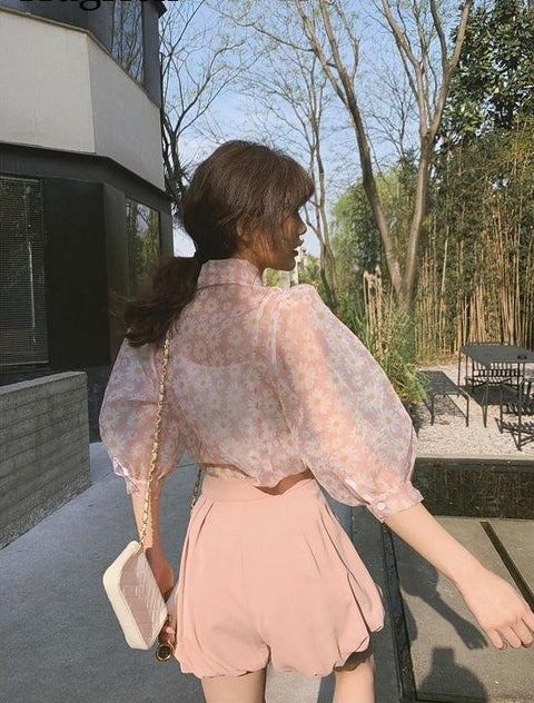 Floral Printed Mesh Blouse Shirts 3/4 Puff Sleeve Turn Down Collar Tops CODE: KAR1049