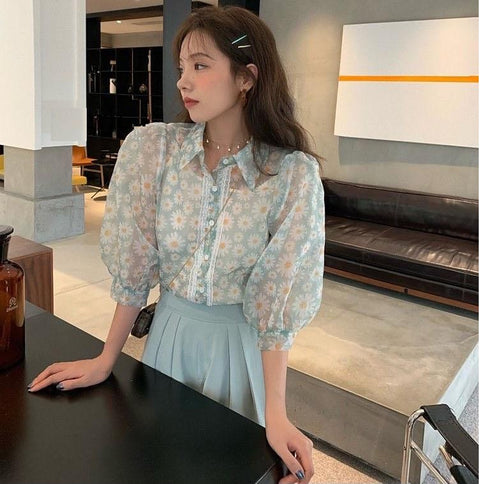 Floral Printed Mesh Blouse Shirts 3/4 Puff Sleeve Turn Down Collar Tops CODE: KAR1049