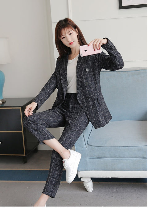 Pencil Pants Set 2 Piece Set Navy Plaid Blazer + Pants Office Corner Jacket Suit CODE: KAR1054