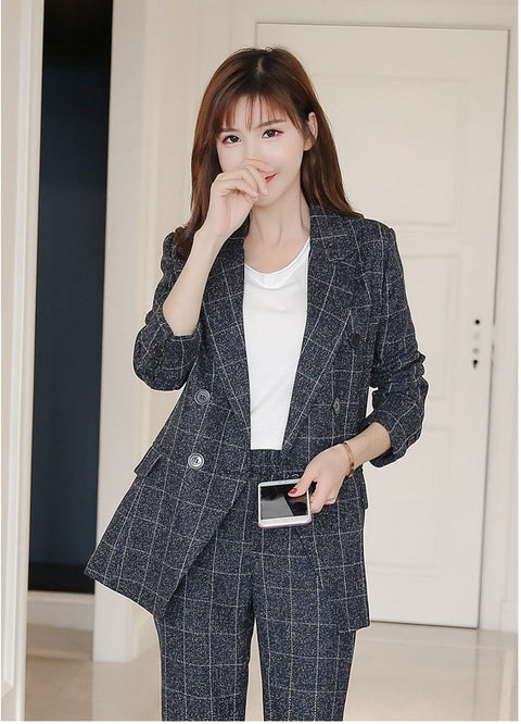 Pencil Pants Set 2 Piece Set Navy Plaid Blazer + Pants Office Corner Jacket Suit CODE: KAR1054