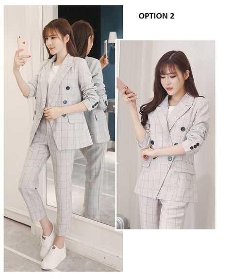 Pencil Pants Set 2 Piece Set Navy Plaid Blazer + Pants Office Corner Jacket Suit CODE: KAR1054