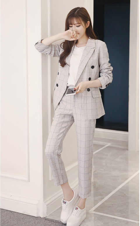 Pencil Pants Set 2 Piece Set Navy Plaid Blazer + Pants Office Corner Jacket Suit CODE: KAR1054