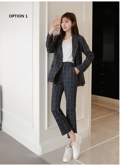 Pencil Pants Set 2 Piece Set Navy Plaid Blazer + Pants Office Corner Jacket Suit CODE: KAR1054