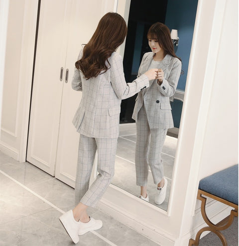 Pencil Pants Set 2 Piece Set Navy Plaid Blazer + Pants Office Corner Jacket Suit CODE: KAR1054