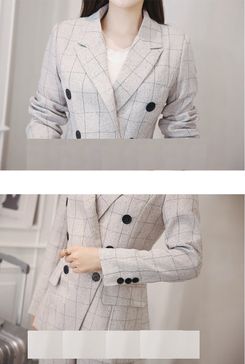 Pencil Pants Set 2 Piece Set Navy Plaid Blazer + Pants Office Corner Jacket Suit CODE: KAR1054