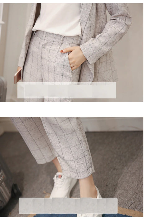 Pencil Pants Set 2 Piece Set Navy Plaid Blazer + Pants Office Corner Jacket Suit CODE: KAR1054