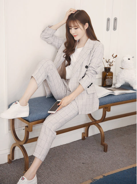 Pencil Pants Set 2 Piece Set Navy Plaid Blazer + Pants Office Corner Jacket Suit CODE: KAR1054