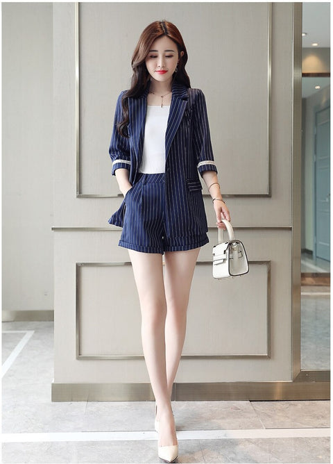 Two-piece  Single Breasted Striped Casual  Shorts Elegant Office Blazer Sets CODE: KAR1055