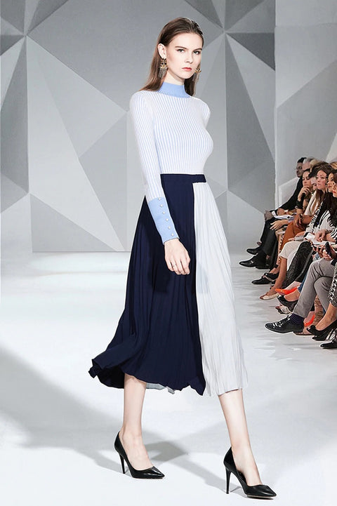 Two piece Set Turtleneck Stripe Belt Tops + Skirt Pleated Spliced 2 Piece Set CODE: KAR1056