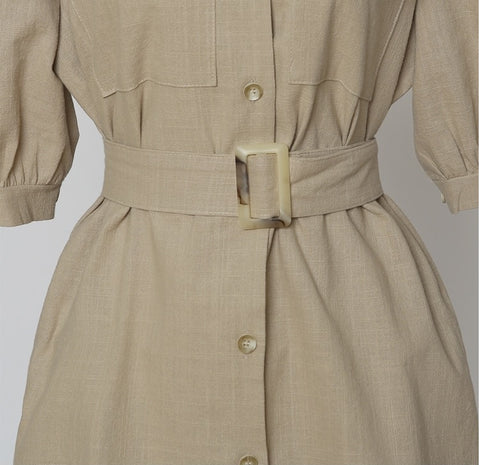 French Stand Collar Single-Breasted Short Sleeve With Belt Dress CODE: KAR1057