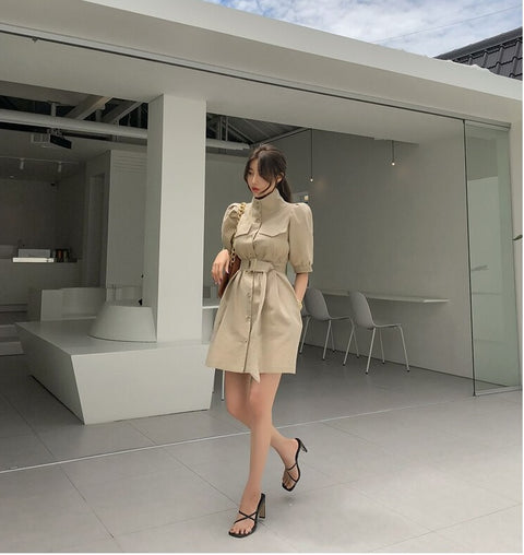 French Stand Collar Single-Breasted Short Sleeve With Belt Dress CODE: KAR1057