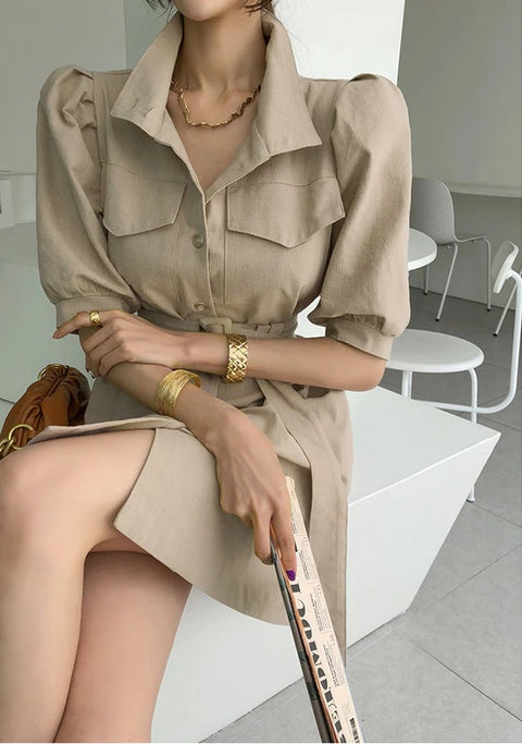French Stand Collar Single-Breasted Short Sleeve With Belt Dress CODE: KAR1057