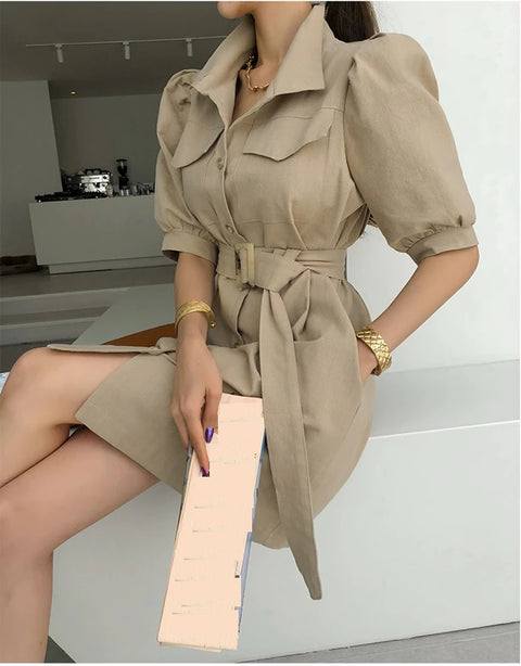 French Stand Collar Single-Breasted Short Sleeve With Belt Dress CODE: KAR1057