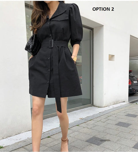 French Stand Collar Single-Breasted Short Sleeve With Belt Dress CODE: KAR1057