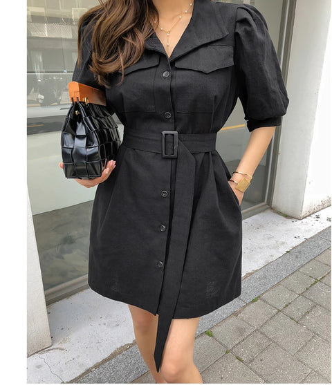 French Stand Collar Single-Breasted Short Sleeve With Belt Dress CODE: KAR1057