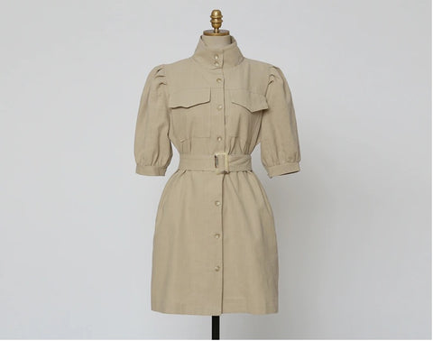 French Stand Collar Single-Breasted Short Sleeve With Belt Dress CODE: KAR1057