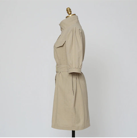 French Stand Collar Single-Breasted Short Sleeve With Belt Dress CODE: KAR1057