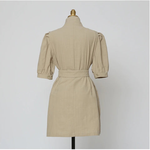 French Stand Collar Single-Breasted Short Sleeve With Belt Dress CODE: KAR1057