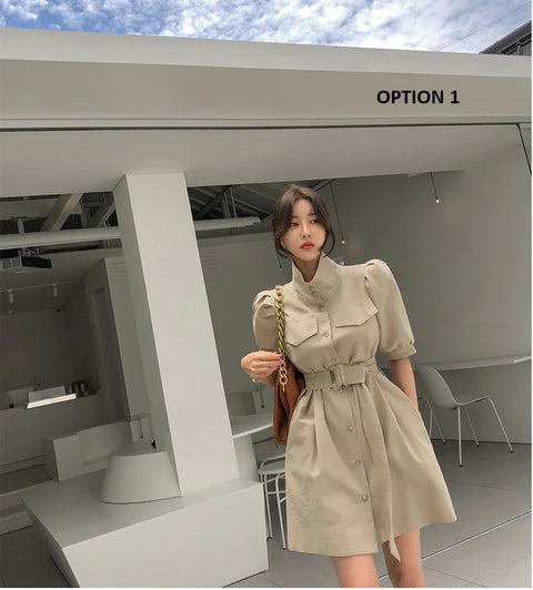 French Stand Collar Single-Breasted Short Sleeve With Belt Dress CODE: KAR1057