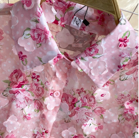 Rose Pink Floral Print Two Piece Set Chiffon Long-Sleeved Shirt Blouse + Pocket Wide Leg Shorts Suit