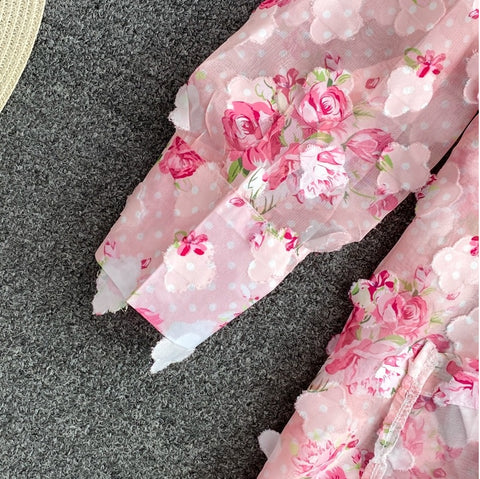 Rose Pink Floral Print Two Piece Set Chiffon Long-Sleeved Shirt Blouse + Pocket Wide Leg Shorts Suit