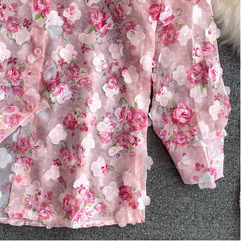 Rose Pink Floral Print Two Piece Set Chiffon Long-Sleeved Shirt Blouse + Pocket Wide Leg Shorts Suit