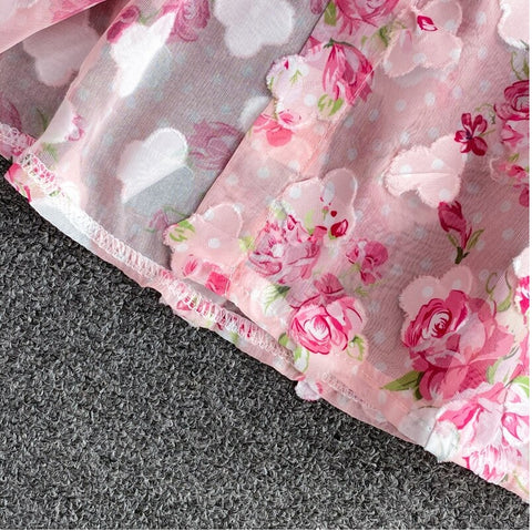 Rose Pink Floral Print Two Piece Set Chiffon Long-Sleeved Shirt Blouse + Pocket Wide Leg Shorts Suit