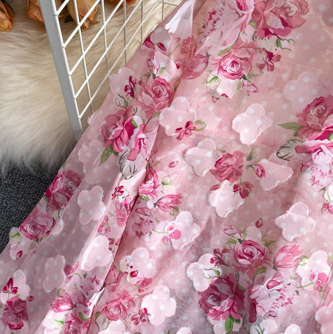 Rose Pink Floral Print Two Piece Set Chiffon Long-Sleeved Shirt Blouse + Pocket Wide Leg Shorts Suit