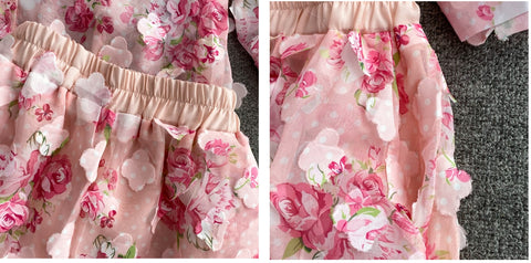 Rose Pink Floral Print Two Piece Set Chiffon Long-Sleeved Shirt Blouse + Pocket Wide Leg Shorts Suit