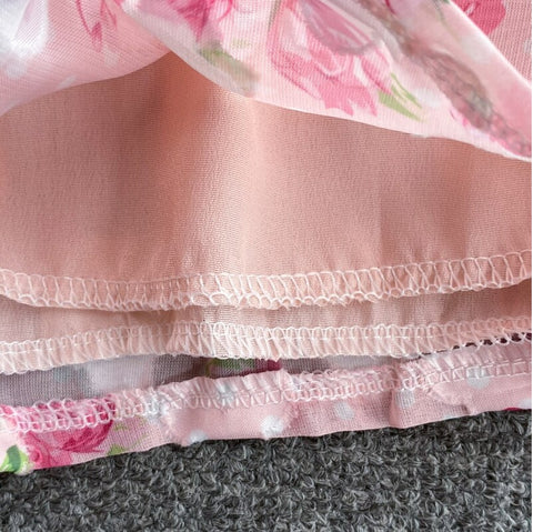 Rose Pink Floral Print Two Piece Set Chiffon Long-Sleeved Shirt Blouse + Pocket Wide Leg Shorts Suit