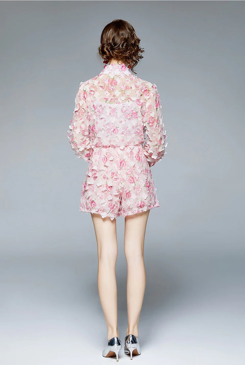 Rose Pink Floral Print Two Piece Set Chiffon Long-Sleeved Shirt Blouse + Pocket Wide Leg Shorts Suit