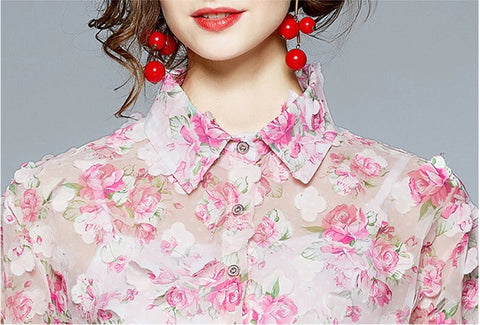 Rose Pink Floral Print Two Piece Set Chiffon Long-Sleeved Shirt Blouse + Pocket Wide Leg Shorts Suit