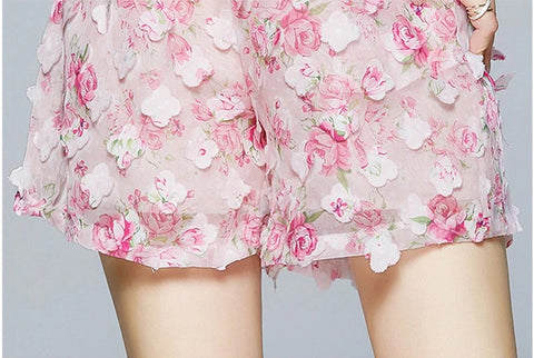 Rose Pink Floral Print Two Piece Set Chiffon Long-Sleeved Shirt Blouse + Pocket Wide Leg Shorts Suit