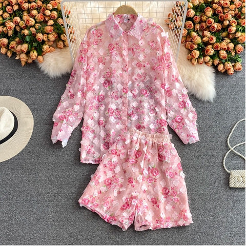 Rose Pink Floral Print Two Piece Set Chiffon Long-Sleeved Shirt Blouse + Pocket Wide Leg Shorts Suit