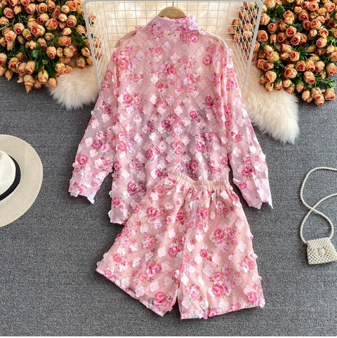 Rose Pink Floral Print Two Piece Set Chiffon Long-Sleeved Shirt Blouse + Pocket Wide Leg Shorts Suit