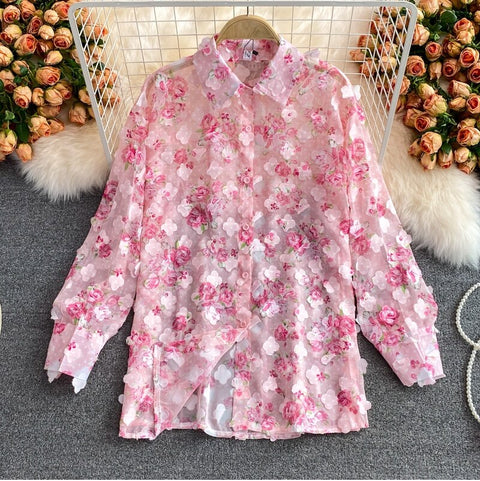 Rose Pink Floral Print Two Piece Set Chiffon Long-Sleeved Shirt Blouse + Pocket Wide Leg Shorts Suit