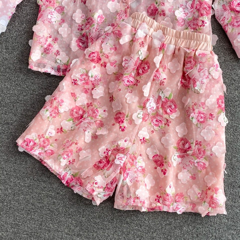 Rose Pink Floral Print Two Piece Set Chiffon Long-Sleeved Shirt Blouse + Pocket Wide Leg Shorts Suit