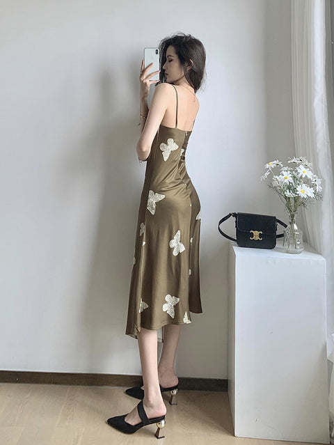 Butterfly Print split Sleeveless Spaghetti Strap Camisol Long Party Club sundress CODE: KAR1059