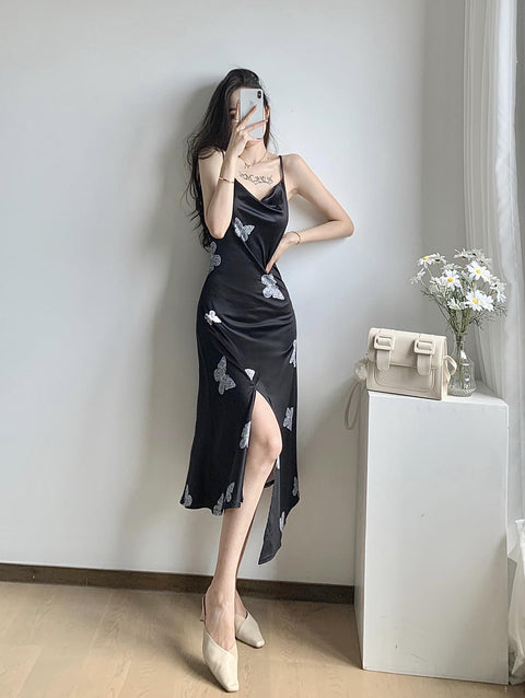 Butterfly Print split Sleeveless Spaghetti Strap Camisol Long Party Club sundress CODE: KAR1059