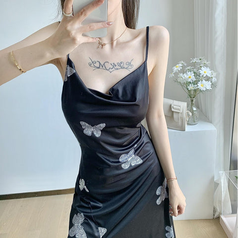 Butterfly Print split Sleeveless Spaghetti Strap Camisol Long Party Club sundress CODE: KAR1059