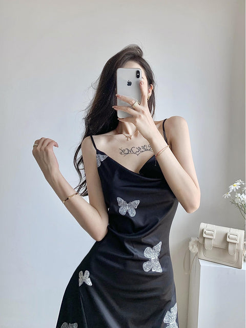 Butterfly Print split Sleeveless Spaghetti Strap Camisol Long Party Club sundress CODE: KAR1059