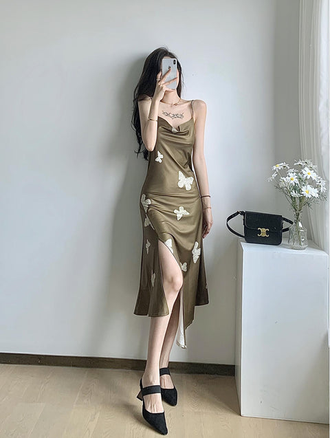 Butterfly Print split Sleeveless Spaghetti Strap Camisol Long Party Club sundress CODE: KAR1059