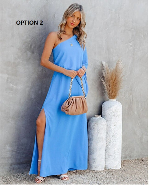 One-shoulder Sleeve Diagonal Collar Pullover Elegant Long Dress CODE: KAR1061