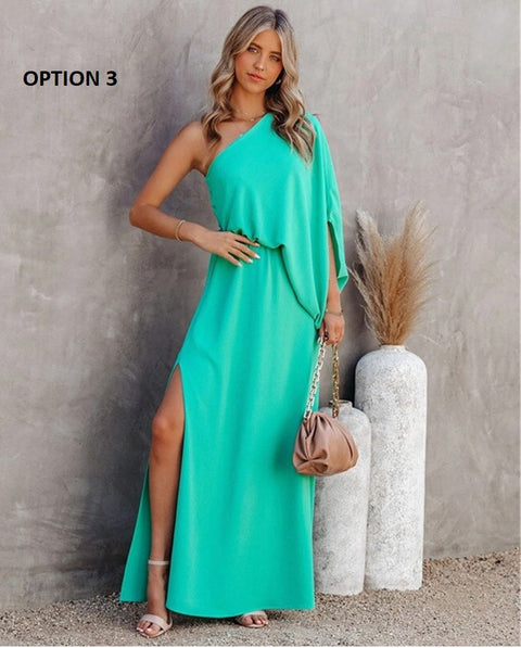 One-shoulder Sleeve Diagonal Collar Pullover Elegant Long Dress CODE: KAR1061