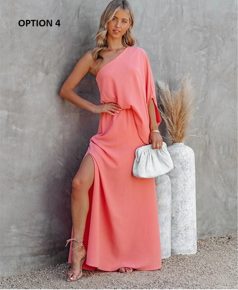 One-shoulder Sleeve Diagonal Collar Pullover Elegant Long Dress CODE: KAR1061