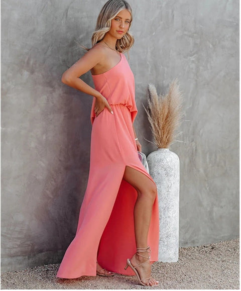 One-shoulder Sleeve Diagonal Collar Pullover Elegant Long Dress CODE: KAR1061