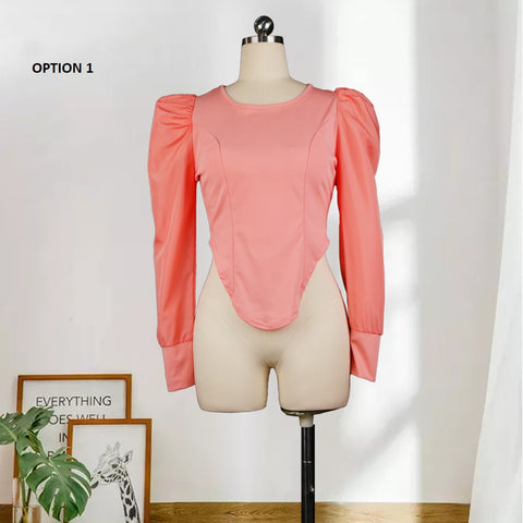 Puff Sleeve Round Collar Solid Long-sleeved Spring Shirt CODE: KAR1064