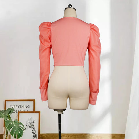Puff Sleeve Round Collar Solid Long-sleeved Spring Shirt CODE: KAR1064