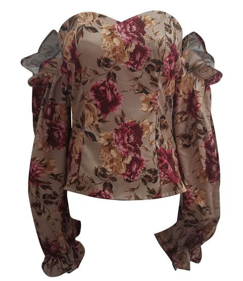 Printed Lantern Sleeve Chiffon Clothing Breast Wrap Sexy Crop Top CODE: KAR1065