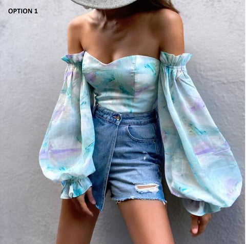 Printed Lantern Sleeve Chiffon Clothing Breast Wrap Sexy Crop Top CODE: KAR1065